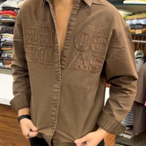 Men's Brown Oversized Applique Shirt – Full Sleeve Washed Cotton Drop Shoulder Overshirt